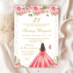 Pink Floral Brunette Hair Princess Birthday Party Invitation