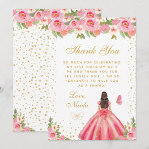 Pink Floral Brunette Hair Princess Birthday Party Thank You Card