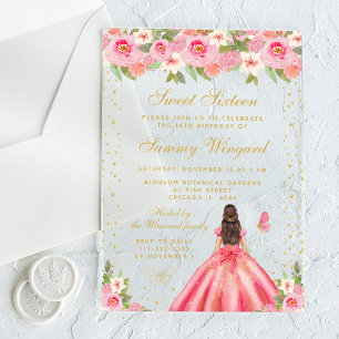 Pink Floral Brunette Hair Princess Sweet Sixteen Acrylic Invitations