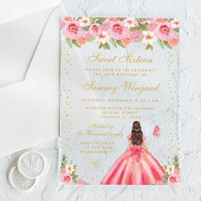 Pink Floral Brunette Hair Princess Sweet Sixteen Acrylic Invitations (Creator Uploaded)