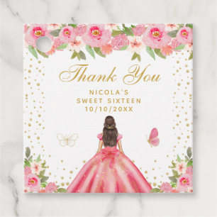 Pink Floral Brunette Hair Princess Sweet Sixteen Favour Tags