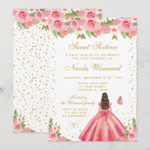Pink Floral Brunette Hair Princess Sweet Sixteen Invitation