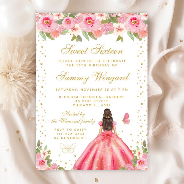 Pink Floral Brunette Hair Princess Sweet Sixteen Invitation (Creator Uploaded)