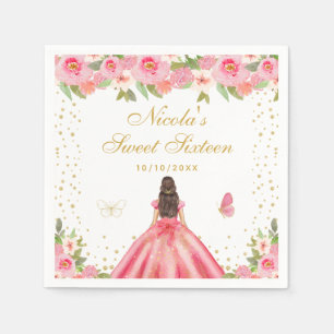 Pink Floral Brunette Hair Princess Sweet Sixteen Napkin