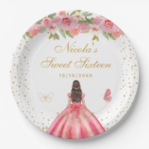 Pink Floral Brunette Hair Princess Sweet Sixteen Paper Plate