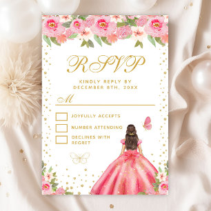 Pink Floral Brunette Hair Princess Sweet Sixteen RSVP Card