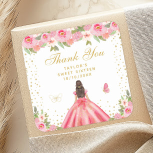 Pink Floral Brunette Hair Princess Sweet Sixteen Square Sticker