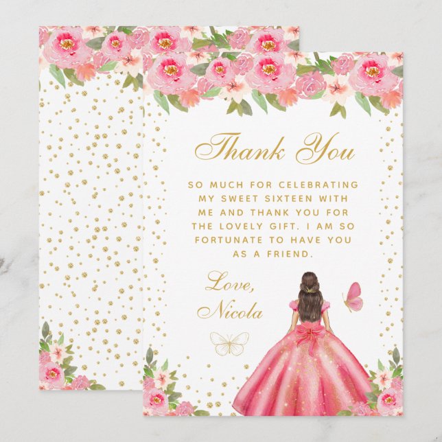 Pink Floral Brunette Hair Princess Sweet Sixteen Thank You Card (Front/Back)