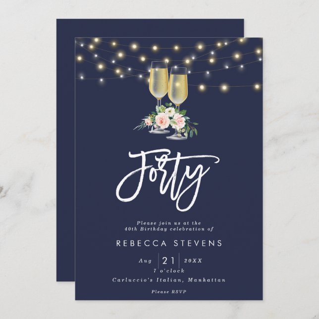 pink floral bubbly navy lights 40th birthday invitation (Front/Back)