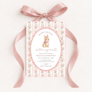 Pink Floral Bunny 1st Birthday Invitation