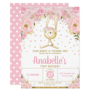 Pink Floral Bunny 1st Birthday Invitation Girl
