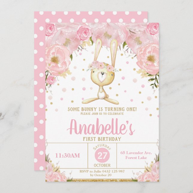 Pink Floral Bunny 1st Birthday Invitation Girl (Front/Back)
