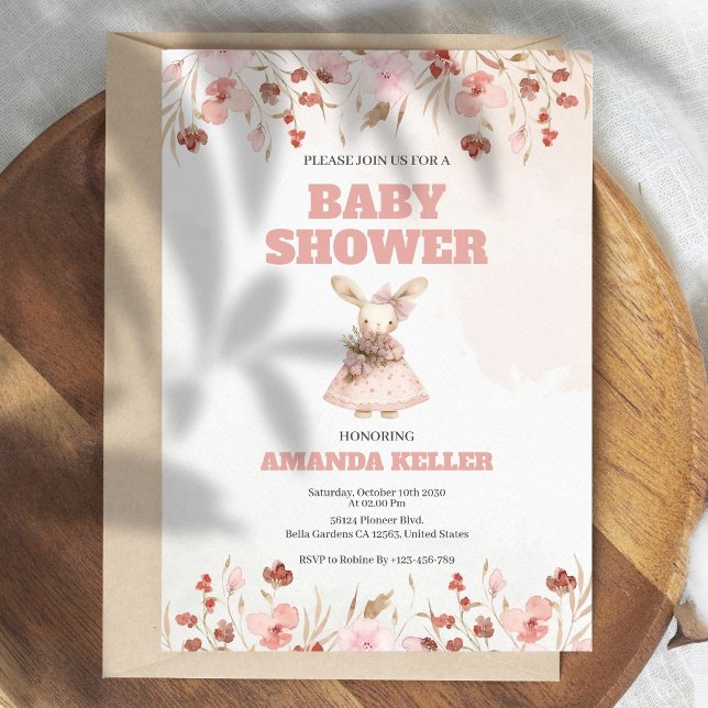Pink Floral Bunny Baby Shower Invitation (Creator Uploaded)