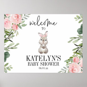 Pink Floral Bunny Baby Shower Welcome Sign