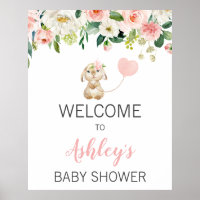 Pink Floral Bunny Balloon Baby Shower Welcome Sign