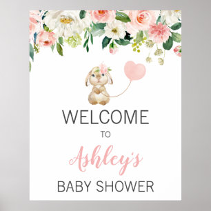 Pink Floral Bunny Balloon Baby Shower Welcome Sign