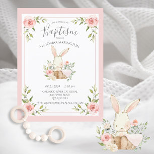 Pink Floral Bunny Baptism Christening Invitation Postcard