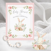 Pink Floral Bunny Budget Baby Shower Invitation