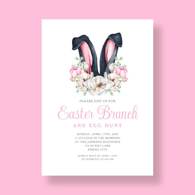 Pink Floral Bunny Ears Easter Brunch Invitation (Pink Floral Bunny Ears Easter Brunch Invitation)