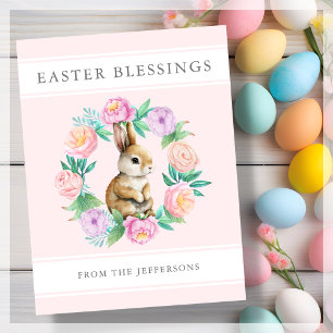 Pink Floral Bunny Easter Blessings Holiday Postcard