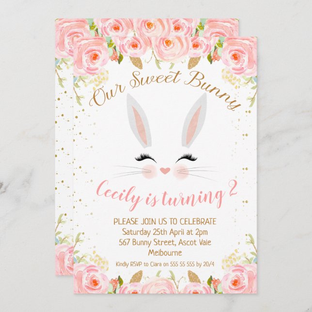 Pink Floral Bunny Face Birthday Invitation (Front/Back)