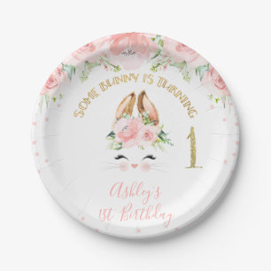 Pink Floral Bunny Face Gold Glitter 1st Birthday Paper Plate