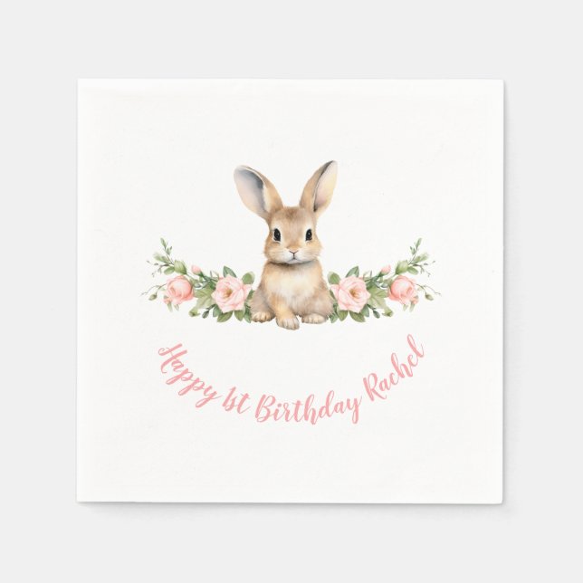 Pink Floral Bunny Girl 1st Birthday Napkin (Front)