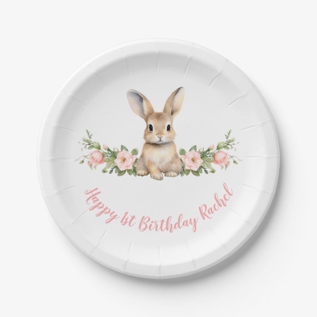 Pink Floral Bunny Girl 1st Birthday Paper Plate (Front)