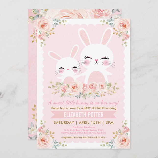 Pink Floral Bunny Girl Baby Shower / Cute Rabbit Invitation (Front/Back)