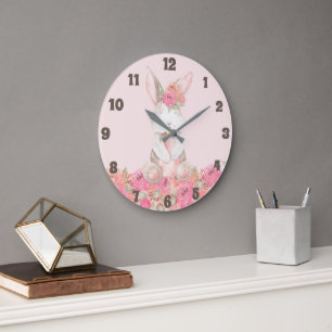 Pink Floral Bunny Kids Room Baby Nursery Large Clock
