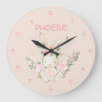 Pink Floral Bunny Nursery Wall Clock