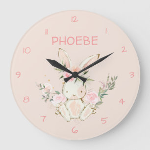 Pink Floral Bunny Nursery  Wall Clock