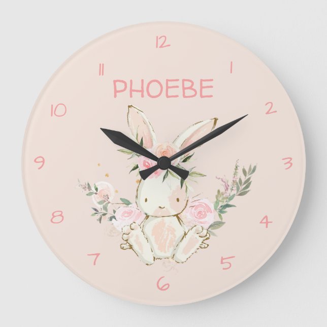 Pink Floral Bunny Nursery  Wall Clock (Front)