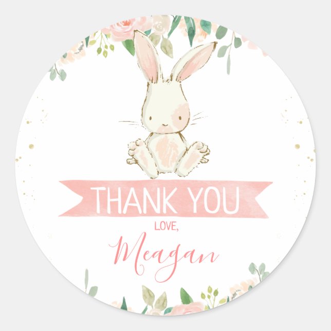 Pink Floral Bunny Rabbit 1st Birthday Classic Round Sticker (Front)