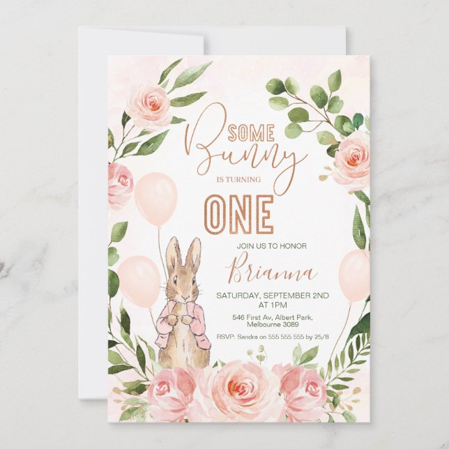 Pink Floral Bunny Rabbit 1st Birthday Invitation (Front)
