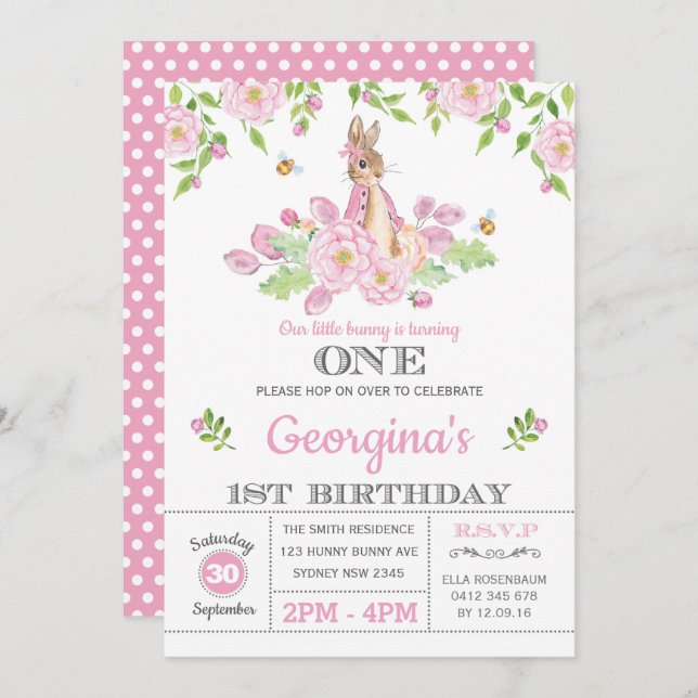 Pink Floral Bunny Rabbit 1st Girl Birthday Party Invitation (Front/Back)
