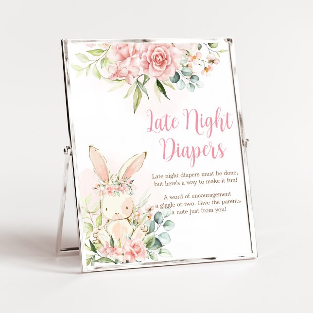 Pink Floral Bunny Rabbit Baby Late Night Diapers Poster (A Little Bunny Girl Baby Shower Late Night Diapers Sign)