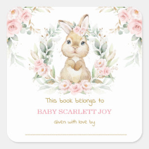 Pink Floral Bunny Rabbit Baby Shower Bookplate Square Sticker