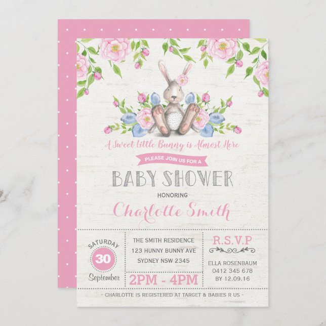 Pink Floral Bunny Rabbit Baby Shower Easter Flower Invitation (Front/Back)