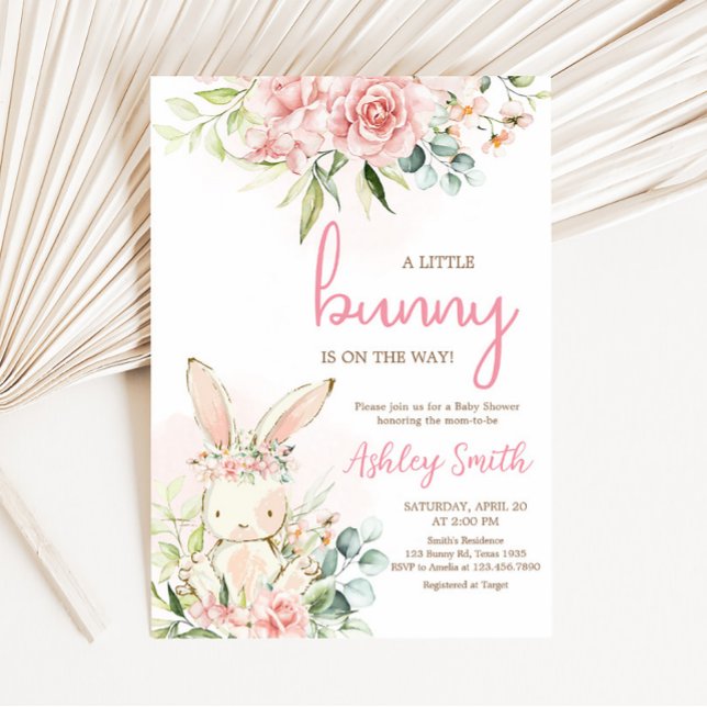 Pink Floral Bunny Rabbit Baby Shower Invitation (A Little Bunny Girl Baby Shower Invitation)