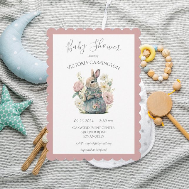 Pink Floral Bunny Rabbit Baby Shower Invitation (Creator Uploaded)