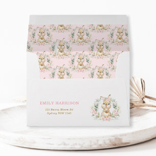 Pink Floral Bunny Rabbit Girl Baby Shower Birthday Envelope