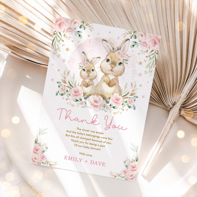 Pink Floral Bunny Rabbit Girl Baby Shower Thank You Card (Creator Uploaded)