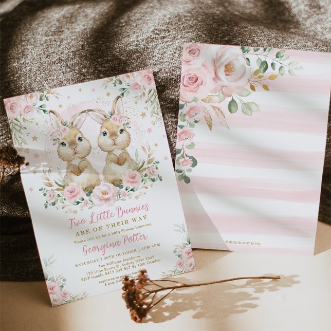 Pink Floral Bunny Rabbit Twin Girl Baby Shower Invitation (Creator Uploaded)