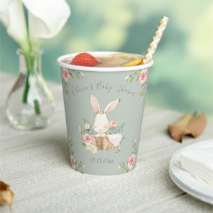 Pink Floral Bunny Sage Green Baby Shower  Paper Cups