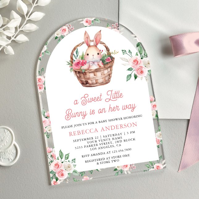 Pink Floral Bunny Sweet Baby Girl Arch Baby Shower Acrylic Invitations (Creator Uploaded)