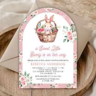 Pink Floral Bunny Sweet Baby Girl Arch Baby Shower Invitation