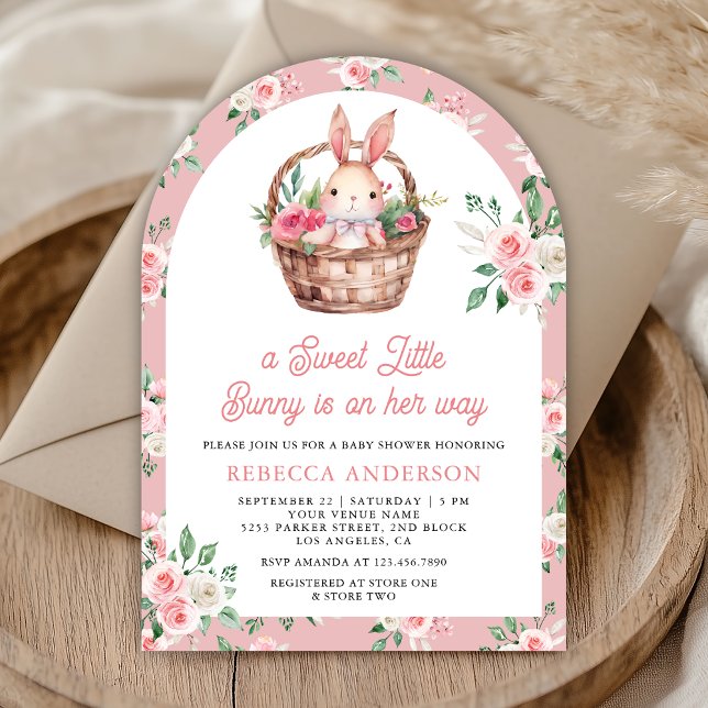 Pink Floral Bunny Sweet Baby Girl Arch Baby Shower Invitation (Creator Uploaded)