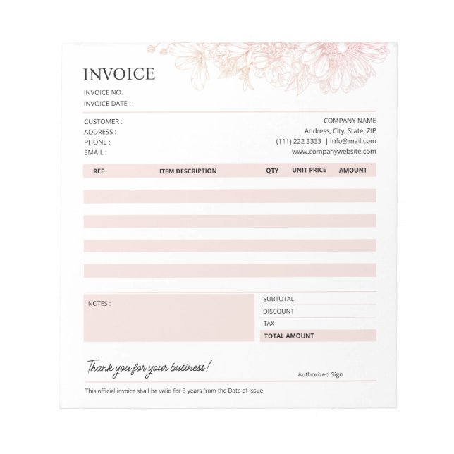 Pink Floral Business Invoice Sales Template Notepad (Front)