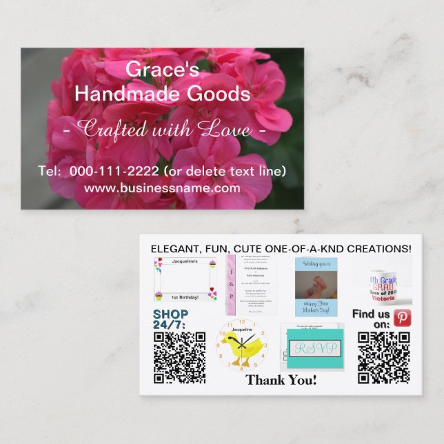 Pink Floral Business QR Code Logo Photo 3.5 x 2.0 Card (Front/Back)